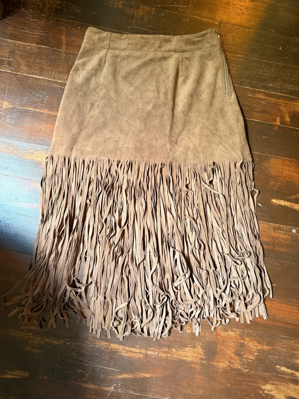 Fringe Hem Faux Suede Brown Skirt